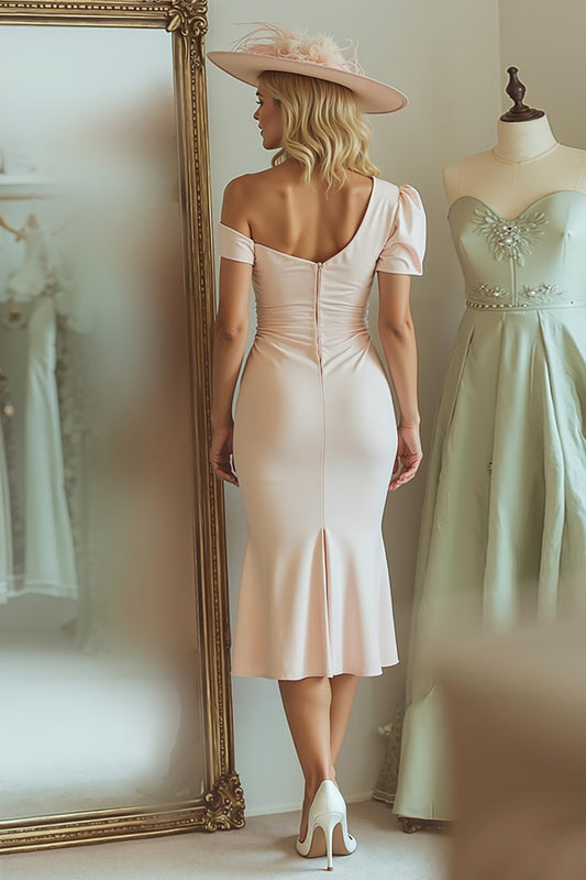 Candy Pink One Shoulder Bodycon Midi Mother of the Bride Dress with Sleeves