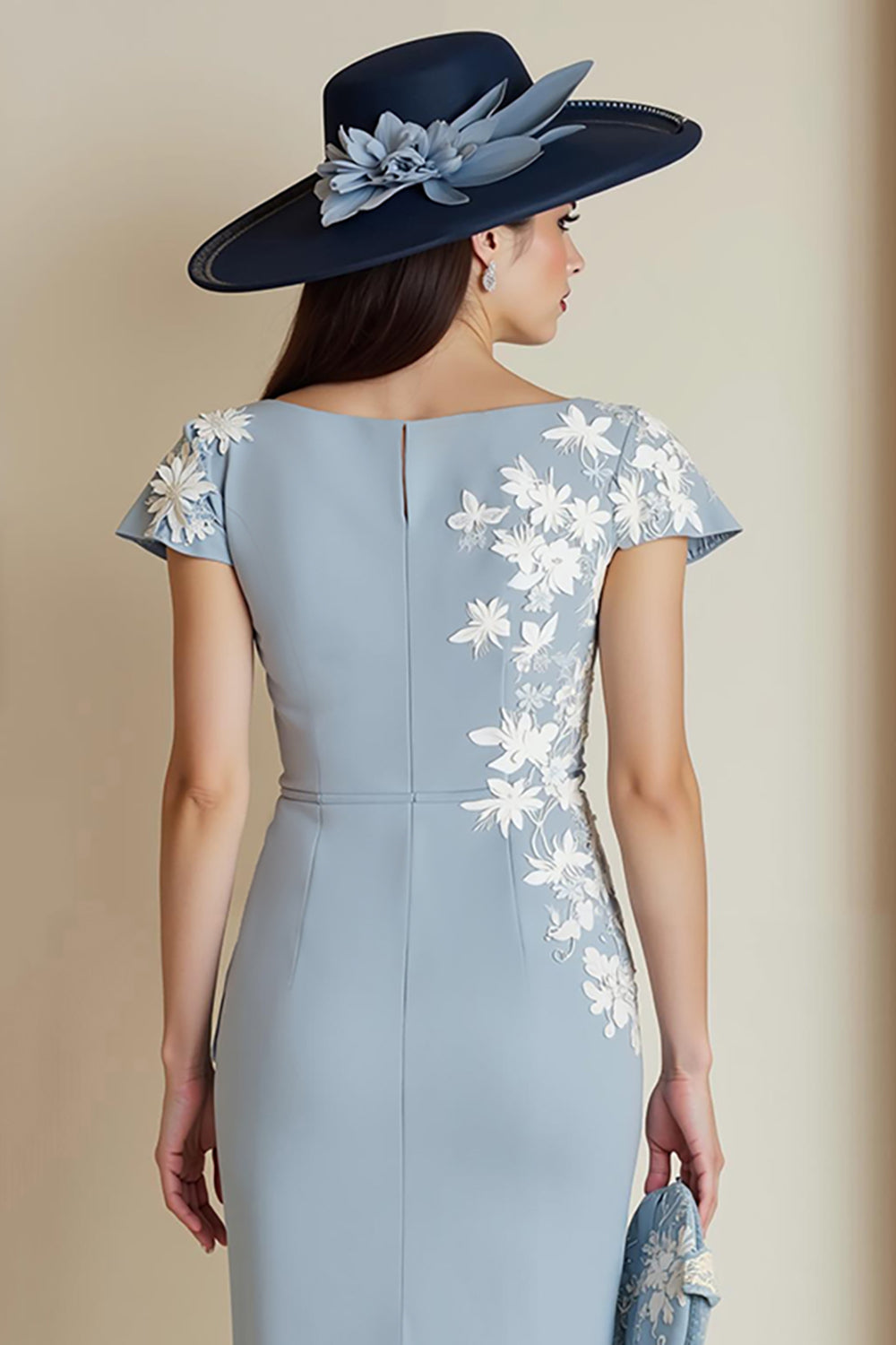 Dusty Blue Bodycon Floral Bateau Neck Midi Mother of the Bride Dress with Sleeves