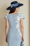 Dusty Blue Bodycon Floral Bateau Neck Midi Mother of the Bride Dress with Sleeves