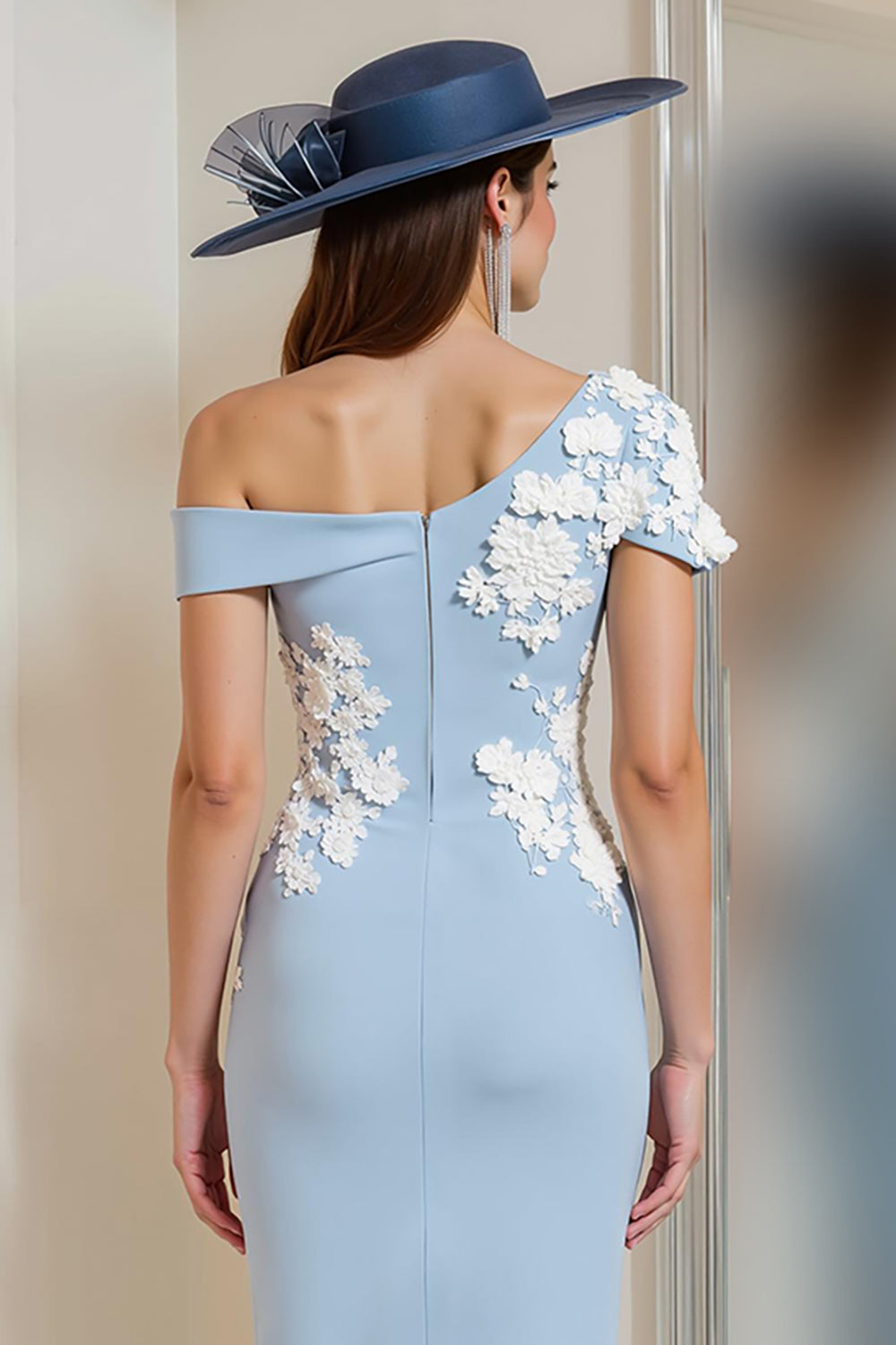Light Blue Bodycon One Shoulder Floral Midi Mother of the Bride Dress with Slit