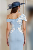 Light Blue Bodycon One Shoulder Floral Midi Mother of the Bride Dress with Slit