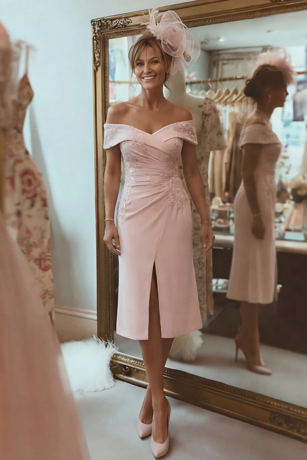 Blush Pink Ruched Off the Shoulder Midi Mother of the Bride Dress with Slit