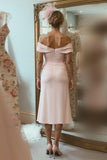 Blush Pink Ruched Off the Shoulder Midi Mother of the Bride Dress with Slit