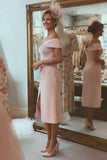 Blush Pink Ruched Off the Shoulder Midi Mother of the Bride Dress with Slit