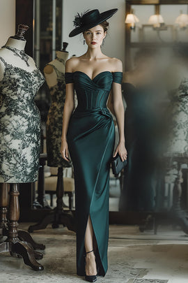 Pine Satin Mermaid Off the Shoulder Long Corset Mother of the Bride Dress