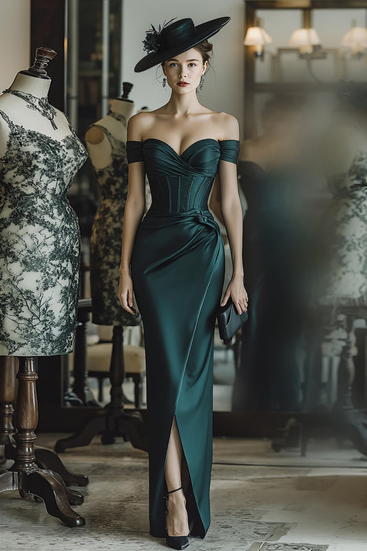 Pine Satin Mermaid Off the Shoulder Long Corset Mother of the Bride Dress