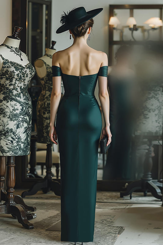 Pine Satin Mermaid Off the Shoulder Long Corset Mother of the Bride Dress