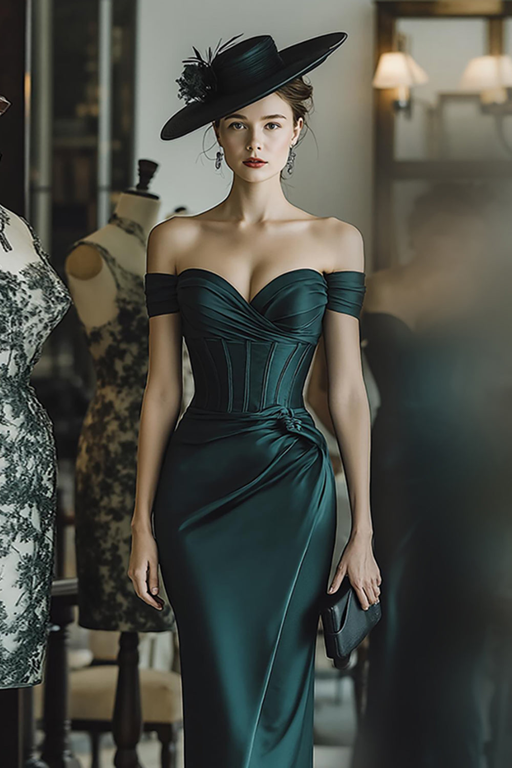 Pine Satin Mermaid Off the Shoulder Long Corset Mother of the Bride Dress