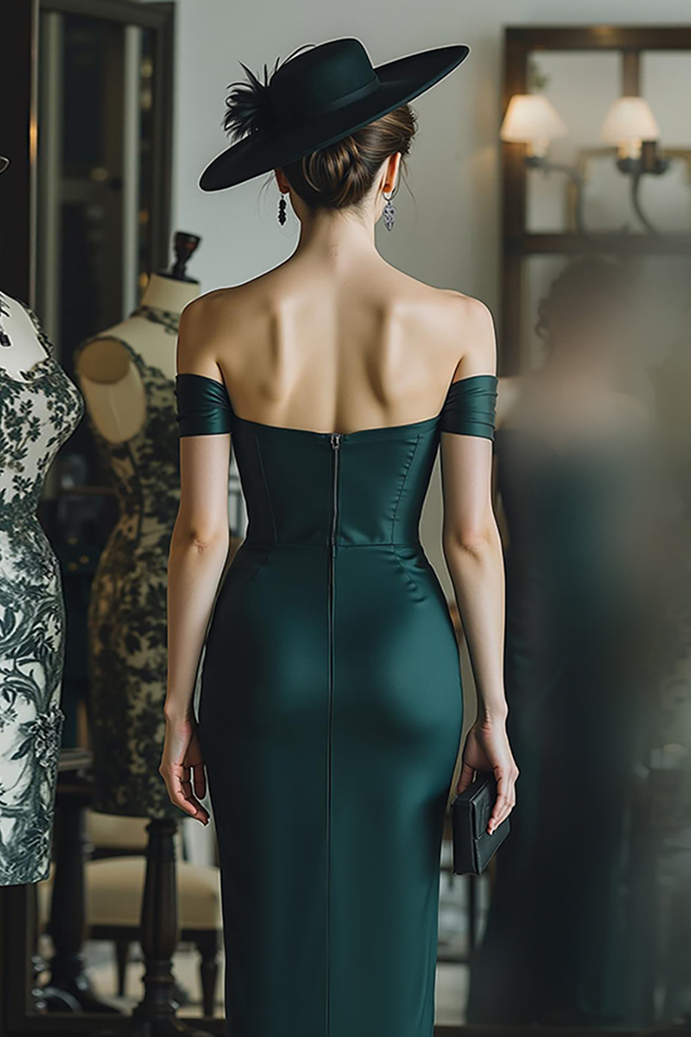 Pine Satin Mermaid Off the Shoulder Long Corset Mother of the Bride Dress