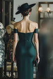 Pine Satin Mermaid Off the Shoulder Long Corset Mother of the Bride Dress
