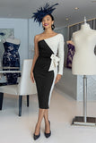 Black and White Bodycon One Shoulder Midi Mother of the Bride Dress with Sleeves