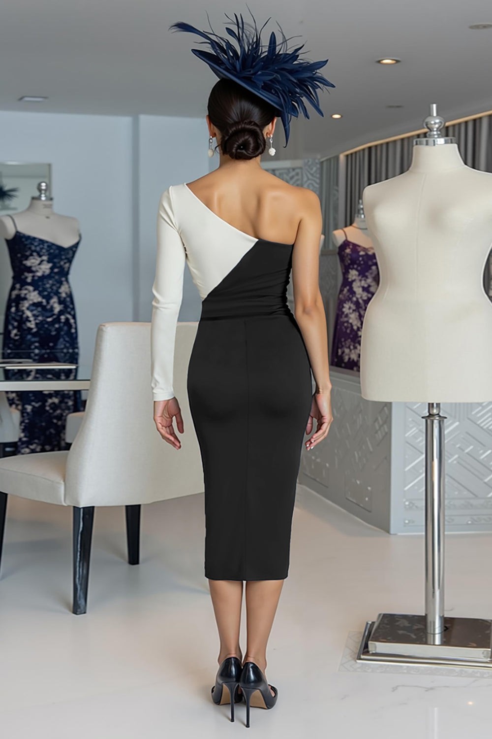 Black and White Bodycon One Shoulder Midi Mother of the Bride Dress with Sleeves