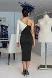 Black and White Bodycon One Shoulder Midi Mother of the Bride Dress with Sleeves