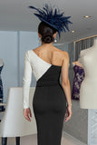 Black and White Bodycon One Shoulder Midi Mother of the Bride Dress with Sleeves