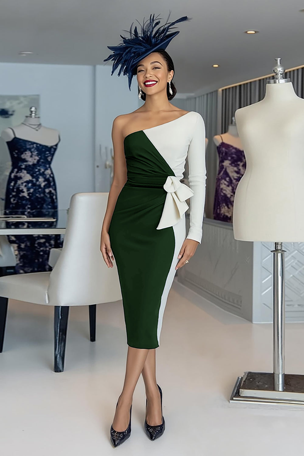 Black and White Bodycon One Shoulder Midi Mother of the Bride Dress with Sleeves