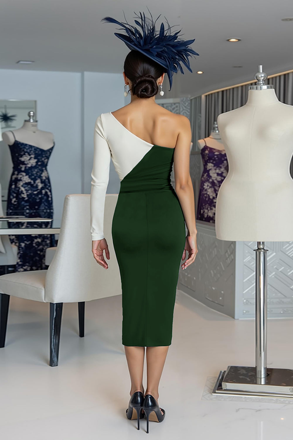 Black and White Bodycon One Shoulder Midi Mother of the Bride Dress with Sleeves