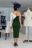 Black and White Bodycon One Shoulder Midi Mother of the Bride Dress with Sleeves