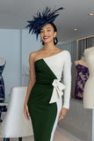 Black and White Bodycon One Shoulder Midi Mother of the Bride Dress with Sleeves