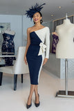 Black and White Bodycon One Shoulder Midi Mother of the Bride Dress with Sleeves