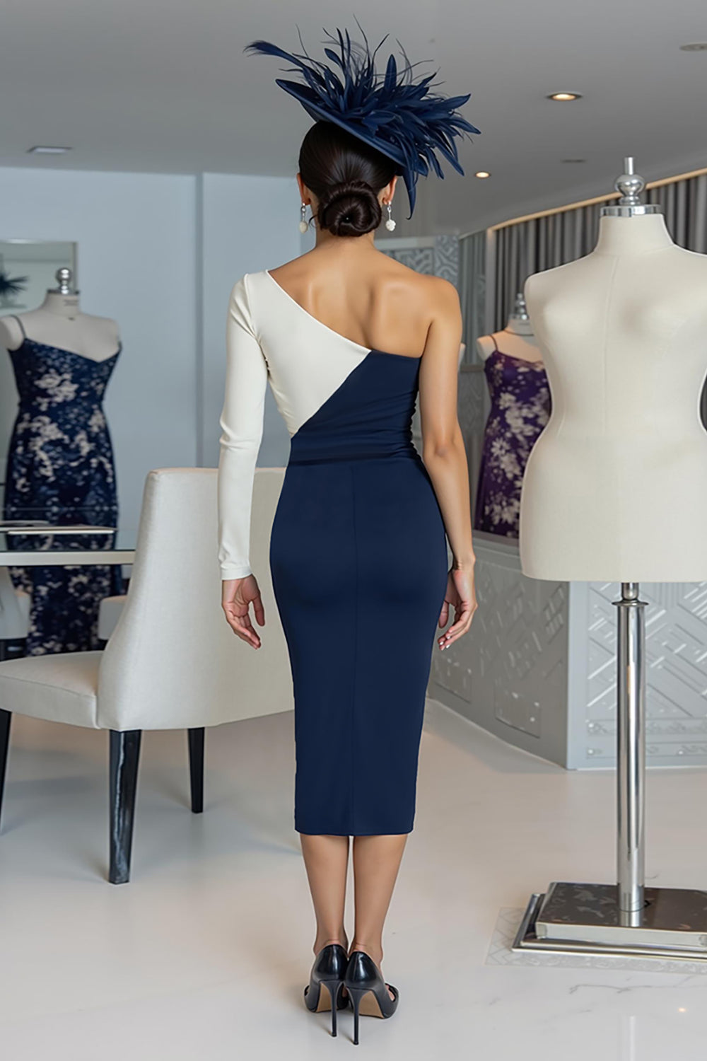 Black and White Bodycon One Shoulder Midi Mother of the Bride Dress with Sleeves