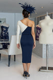 Black and White Bodycon One Shoulder Midi Mother of the Bride Dress with Sleeves
