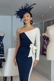 Black and White Bodycon One Shoulder Midi Mother of the Bride Dress with Sleeves