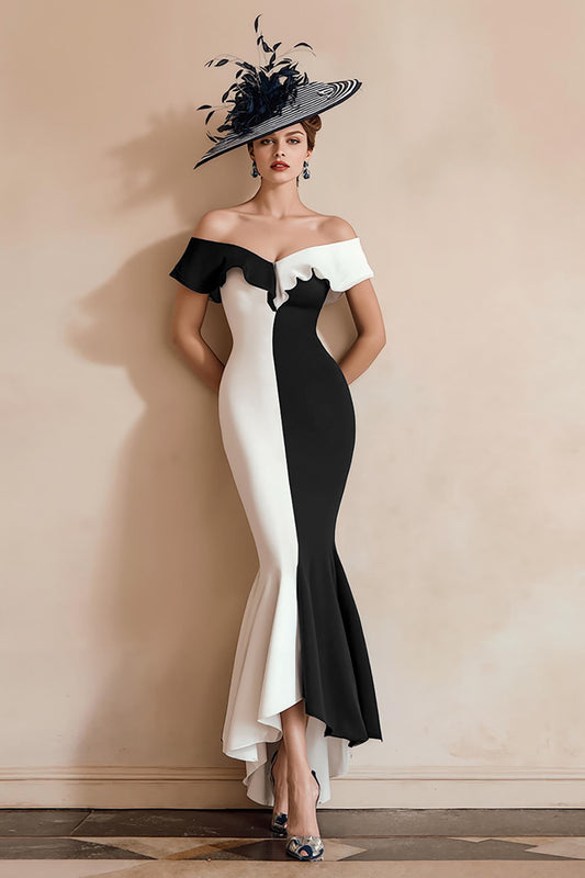 Black and White Mermaid Off the Shoulder Midi Mother of the Bride Dress