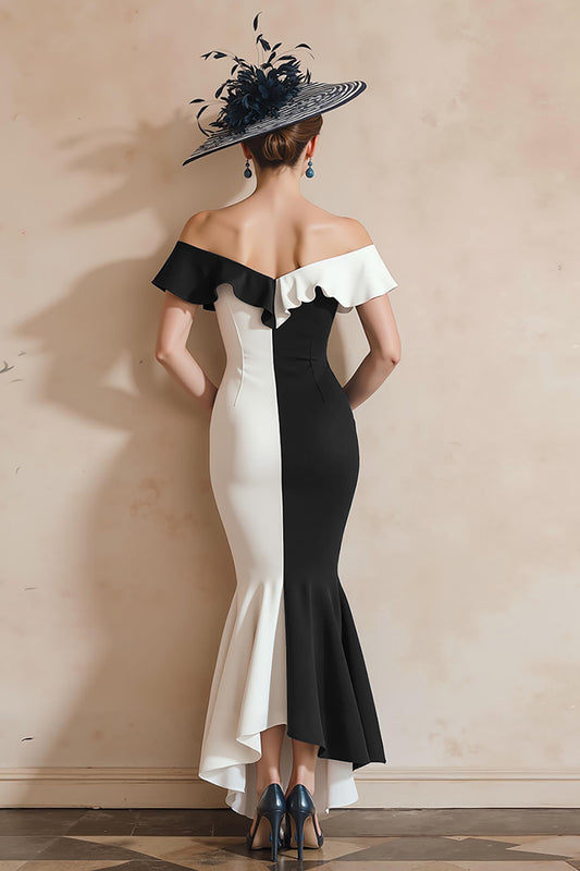 Black and White Mermaid Off the Shoulder Midi Mother of the Bride Dress