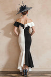 Black and White Mermaid Off the Shoulder Midi Mother of the Bride Dress