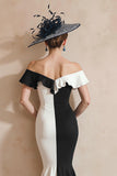 Black and White Mermaid Off the Shoulder Midi Mother of the Bride Dress