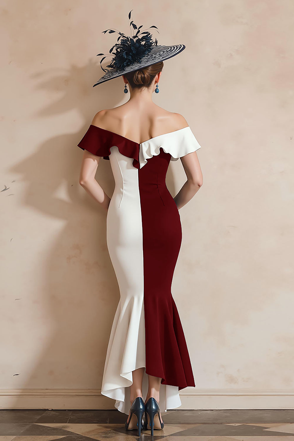 Black and White Mermaid Off the Shoulder Midi Mother of the Bride Dress