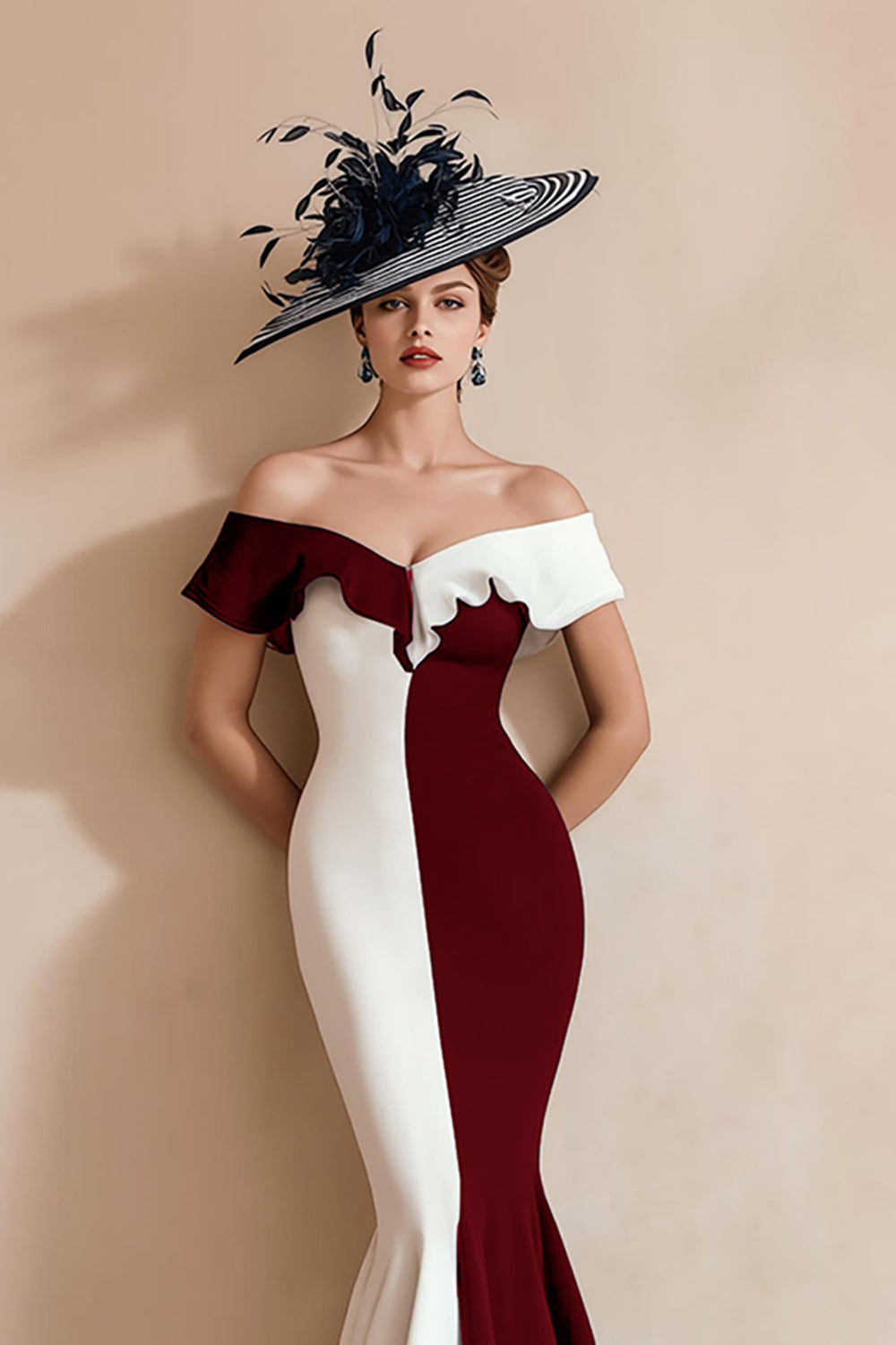Black and White Mermaid Off the Shoulder Midi Mother of the Bride Dress