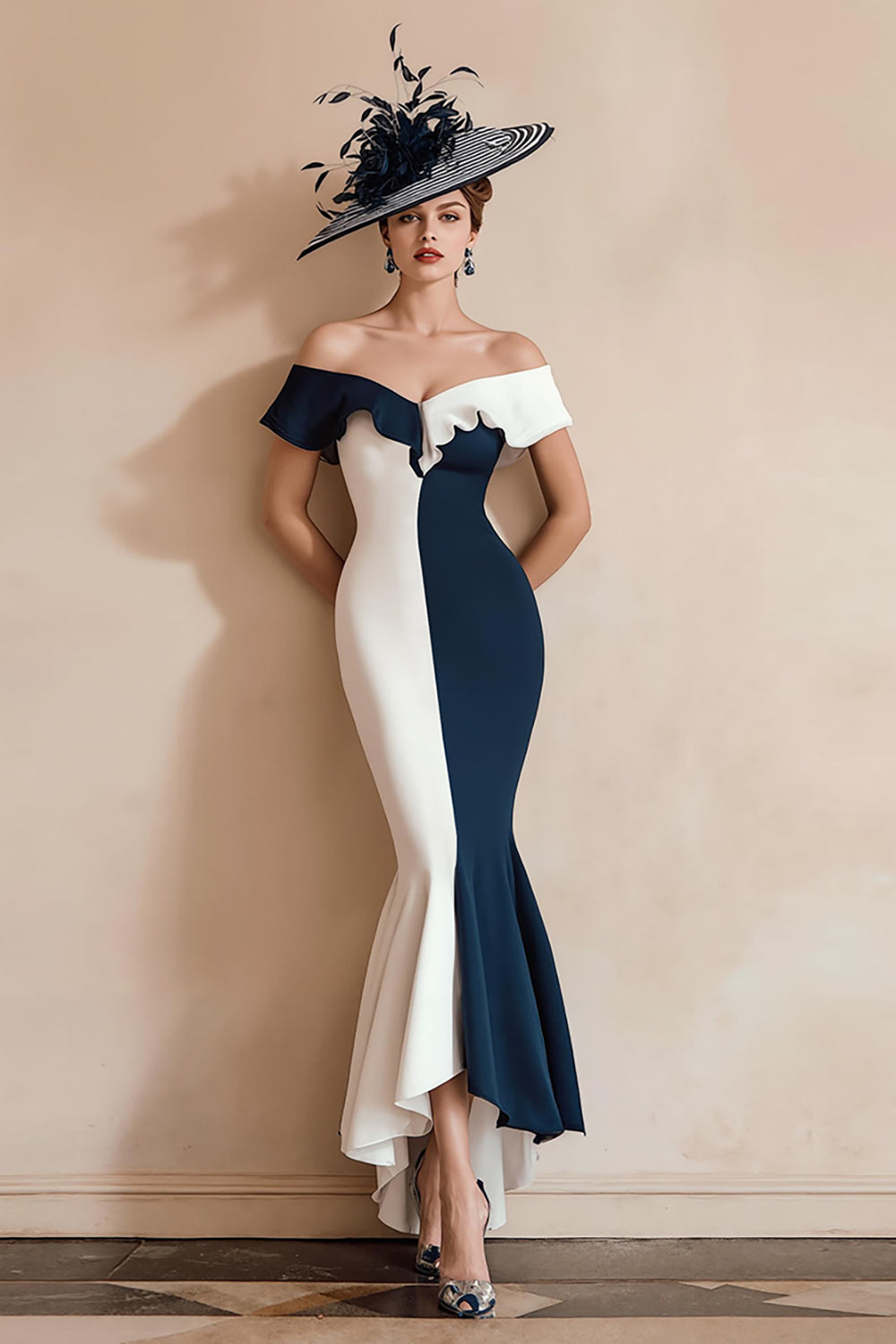 Zapaka Women Black and White Long Mother Of The Bride Dress Mermaid Satin Off The Shoulder Ruffled Wedding Guest Dress, Navy / US26W