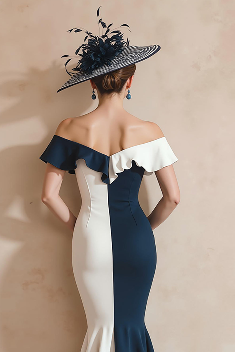 Black and White Mermaid Off the Shoulder Midi Mother of the Bride Dress
