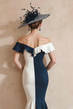 Black and White Mermaid Off the Shoulder Midi Mother of the Bride Dress