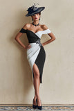 Black and White Off the Shoulder Midi Mother of the Bride Dress with Slit