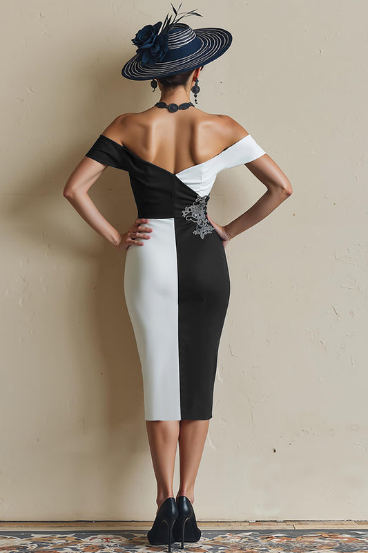 Black and White Off the Shoulder Midi Mother of the Bride Dress with Slit