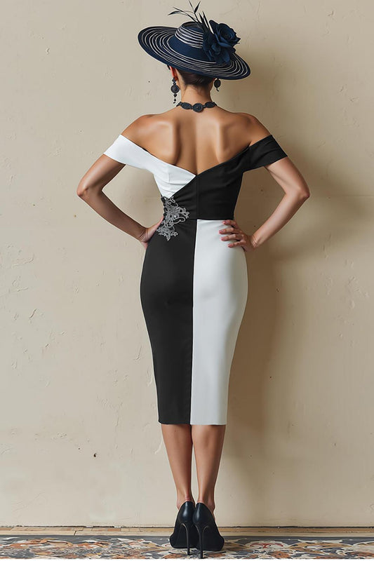Black and White Off the Shoulder Midi Mother of the Bride Dress with Slit