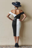 Black and White Off the Shoulder Midi Mother of the Bride Dress with Slit