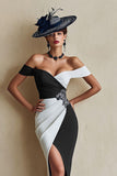 Black and White Off the Shoulder Midi Mother of the Bride Dress with Slit