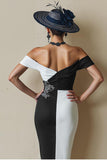 Black and White Off the Shoulder Midi Mother of the Bride Dress with Slit