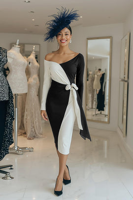 Black and White One Shoulder Midi Mother of the Bride Dress with Sash