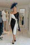 Black and White One Shoulder Midi Mother of the Bride Dress with Sash