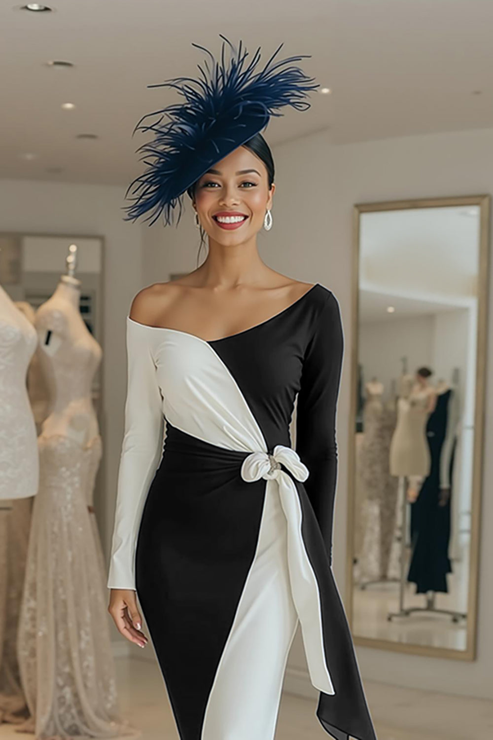 Zapakasa Women Black and White Bodycon Midi Mother of the Bride Dress with Sash Patchwork One Shoulder Long Sleeves Wedding Guest Dress Zapakasa Women Black and White Bodycon Midi Mother of the Bride Dress with Sash Patchwork One Shoulder Long Sleeves Wedding Guest Dress
