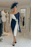Black and White One Shoulder Midi Mother of the Bride Dress with Sash