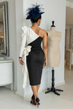 Black and White One Shoulder Midi Mother of the Bride Dress with Sleeves