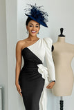 Black and White One Shoulder Midi Mother of the Bride Dress with Sleeves