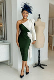Black and White One Shoulder Midi Mother of the Bride Dress with Sleeves