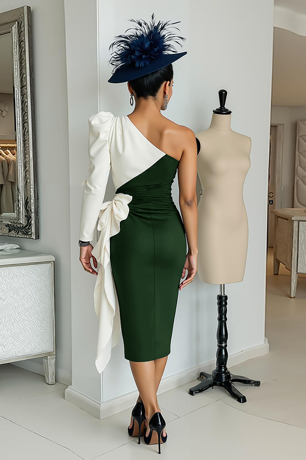 Black and White One Shoulder Midi Mother of the Bride Dress with Sleeves