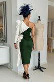 Black and White One Shoulder Midi Mother of the Bride Dress with Sleeves